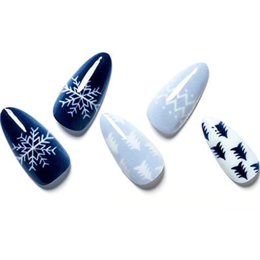 GLAMERMAID Christmas Tree Press on Nails, Blue White Snowflake Almond, 24Pcs Full Cover