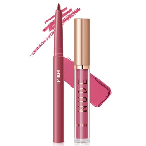 Apooliy Matte Liquid Lipstick & Lip Liner Set, Waterproof, Long Lasting, Nude Brown, 2 Pcs