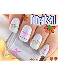 Hipzysticky Jesus Christ Pink Cross Nail Art Decals - Diy Waterslide Manicure, Salon Quality