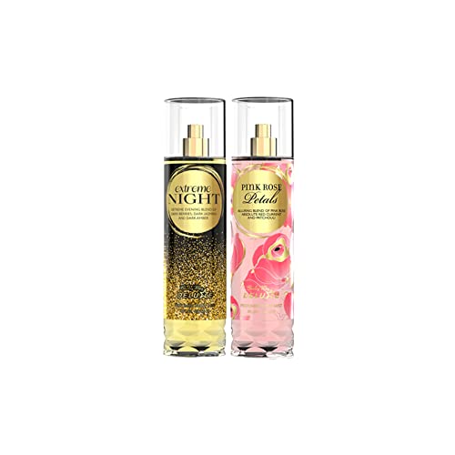 SHIRLEY MAY DELUXE Combo Pack of 2 - Pink Rose Petals & Extreme Night Perfumed Body Mist for Women, 8 oz