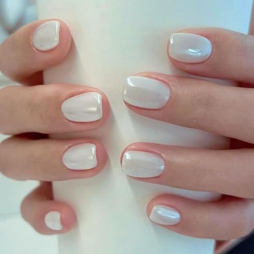 GLAMERMAID Extra Short Press on Nails - Pure White Squoval Full Cover, Reusable & Glossy Finish