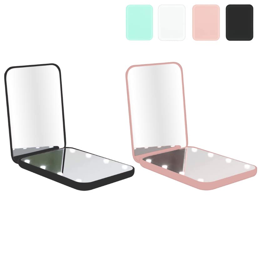 Milishow 1X/3X Led Compact Mirror, Lighted Travel Makeup Mirror, Black+Pink 2-Pack