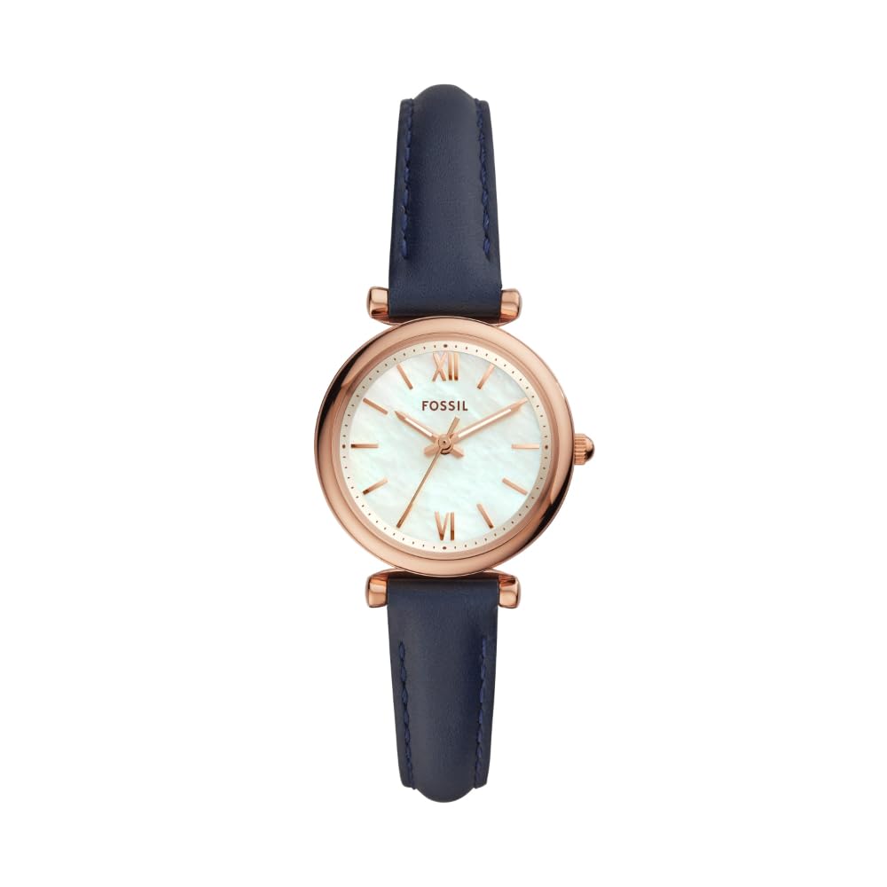 Fossil Women'S Carlie Mini Rose Gold & Navy Quartz Watch - Stainless Steel & Leather