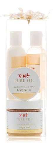 Pure Fiji Spa Gift Box For Men & Women - Sugar Scrub, Bath Oil, Body Butter & Lotion, Coconut Milk