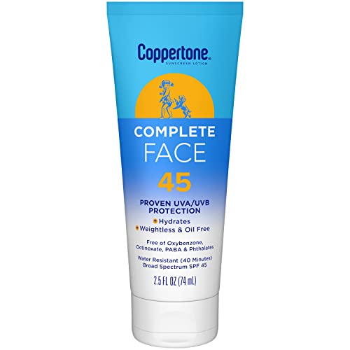 Coppertone Complete Face Sunscreen Lotion SPF 45, Oil-Free, Water Resistant, 2.5 Fl Oz