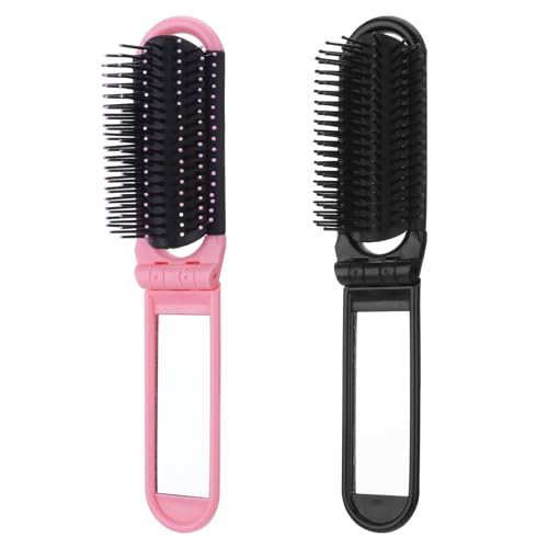 Divina Vitae Travel Compact Hair Brush & Mirror Set - 2 Pcs Folding Comb, Pink/Black