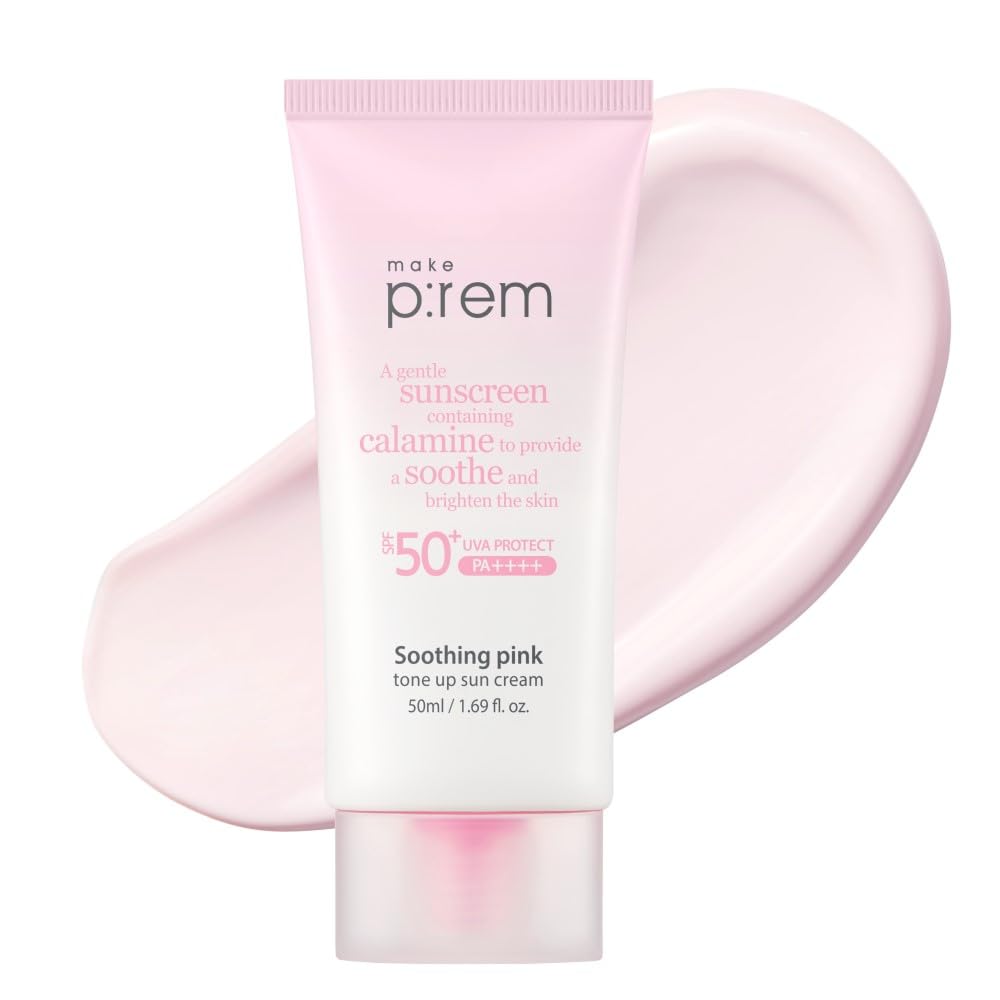 Make P:Rem Soothing Pink Tone Up Sun Cream, Spf 50, Lightweight Mineral Sunscreen, 1.69 Fl Oz