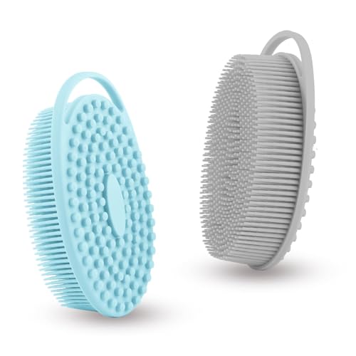 Bsofing Silicone Body Scrubber - Exfoliating 2-In-1 Loofah & Shampoo Brush, Grey Blue, 2