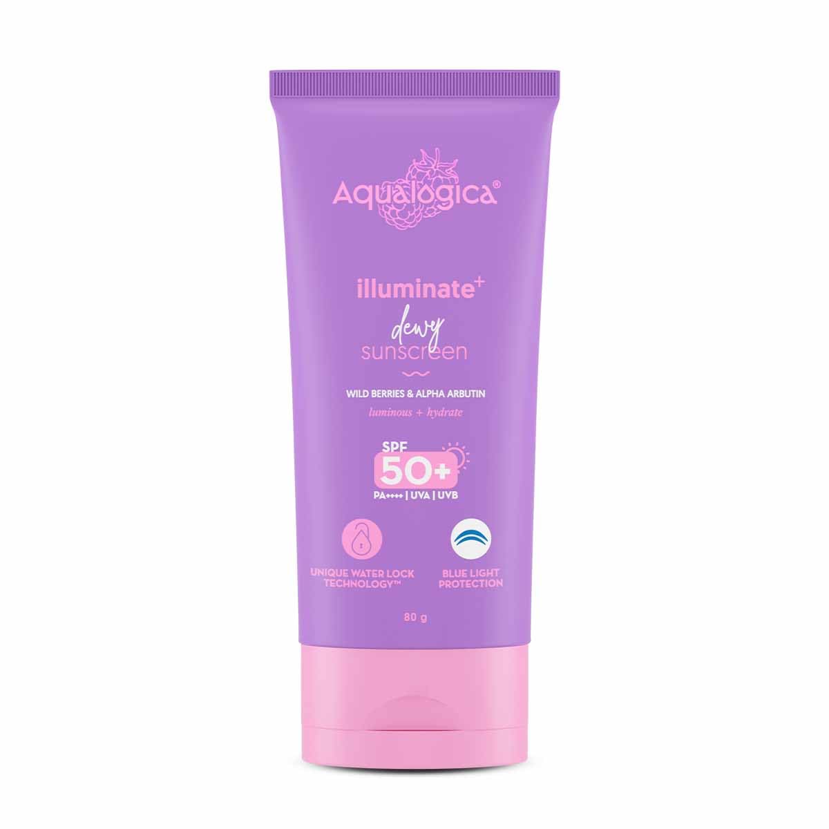 Aqualogica Illuminate+ Dewy Sunscreen Spf 50+ With Wild Berries & Alpha Arbutin, 80G