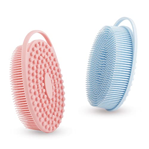 Bsofing Soft Silicone Body Scrubber 2 Pcs - Exfoliating Shower Loofah For Sensitive Skin, Pink/Blue