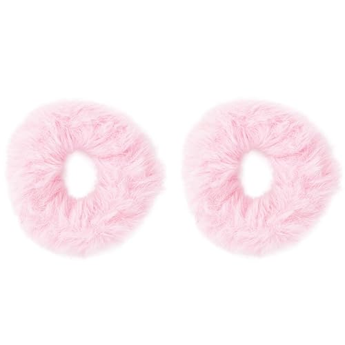 Motique Accessories Small Fuzzy Fur Scrunchies - Light Pink Pony Holder Set of 2