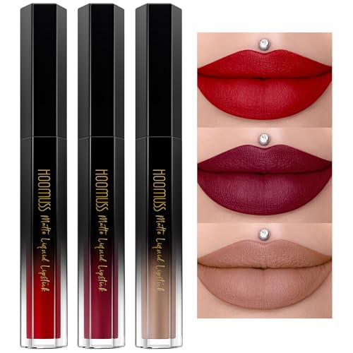 Hoomuss Red Lipstick Set - 3Pc Matte Liquid Lipsticks, Long Lasting, Smudgeproof, Cruelty Free