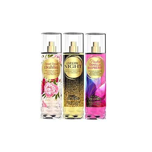 SHIRLEY MAY DELUXE Combo Pack of 3 Body Mists - Frosted Vanilla Raspberry, Sweet Dahlia & Extreme Night, 8oz for Women