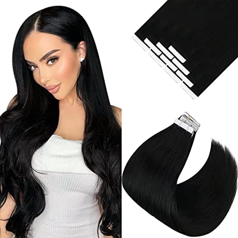 Vesunny Jet Black Tape On Hair Extensions - 18&quot; Real Human Hair, 10Pcs For Black Women