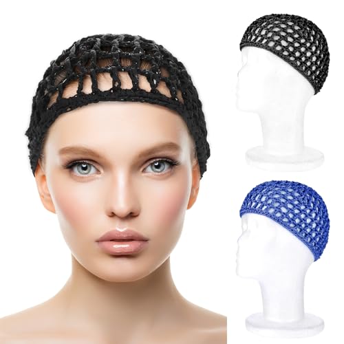 Wllhyf 2 Pcs Net Shower Cap For Curly Hair Care - Stretchy Spa Hat, Black/Blue