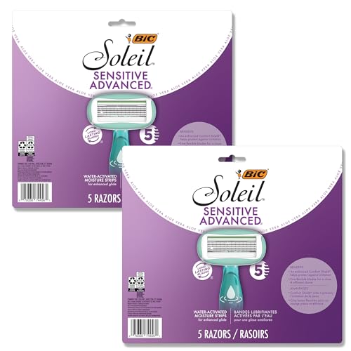 Bic Soleil Sensitive Advanced Women'S Disposable Razors, 10 Count With Moisture Strip, Assorted