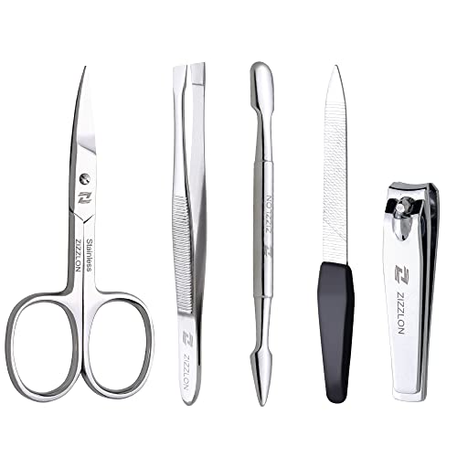 ZIZZLON Manicure Set - 5 in 1 Stainless Steel Grooming Kit for Men - Scissors, Clippers, Tweez