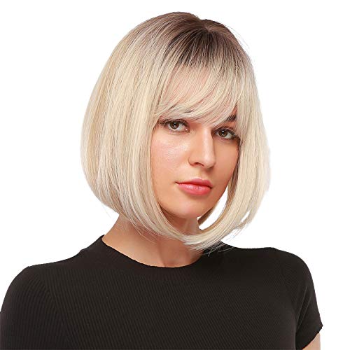 Emmor Ombre Blonde Bob Wig With Bangs - Synthetic Hair For Party, Cosplay, Daily Use