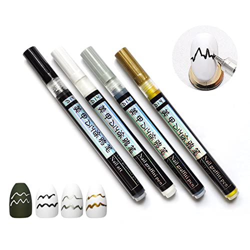 Lokfar Nail Art Pens Set - 4 Waterproof Fine Tip Brushes For Diy Designs (Black, White, Gold, Silver)