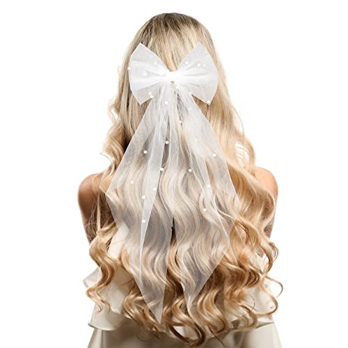 Yolev Bridal Hair Bow Veil - Pearl White Tulle Wedding Accessory For Bachelorette & Bridal Shower