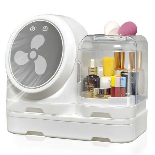 Tidyladyo White Makeup Organizer With Mirror & Led Fan - Cosmetic Display Case For Vanity & Bathroom