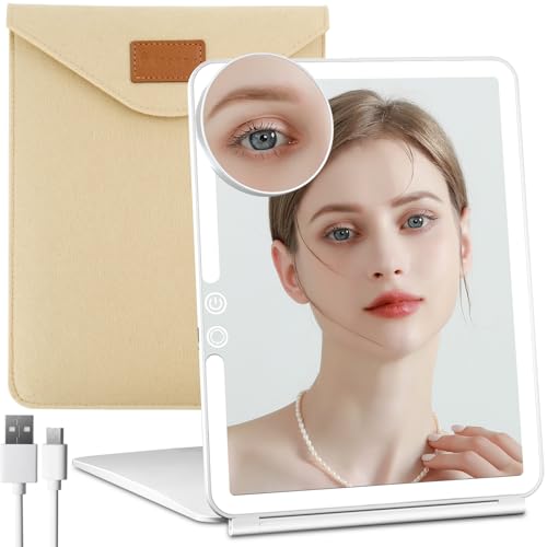 Funtouch Large Rechargeable Travel Makeup Mirror With Light & 10X Magnification, White