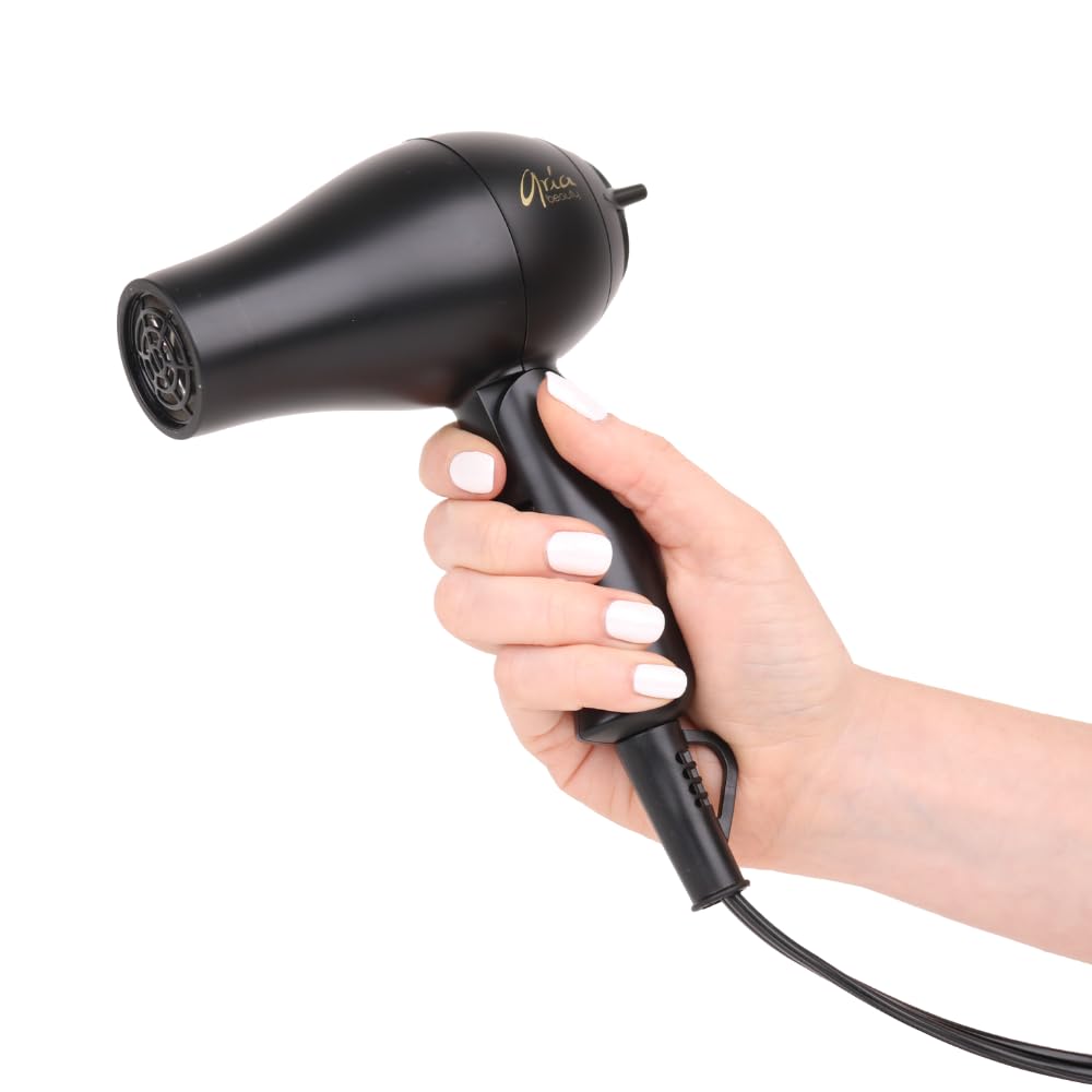 Aria Beauty Mini Compact Folding Blowdryer, 1000W, Dual Voltage, Travel-Friendly, Black