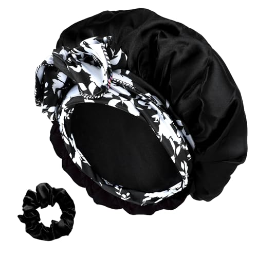 Abeillo Large Black Satin Bonnet For Sleeping, Silk Sleep Cap With Tie Band & Scrunchies