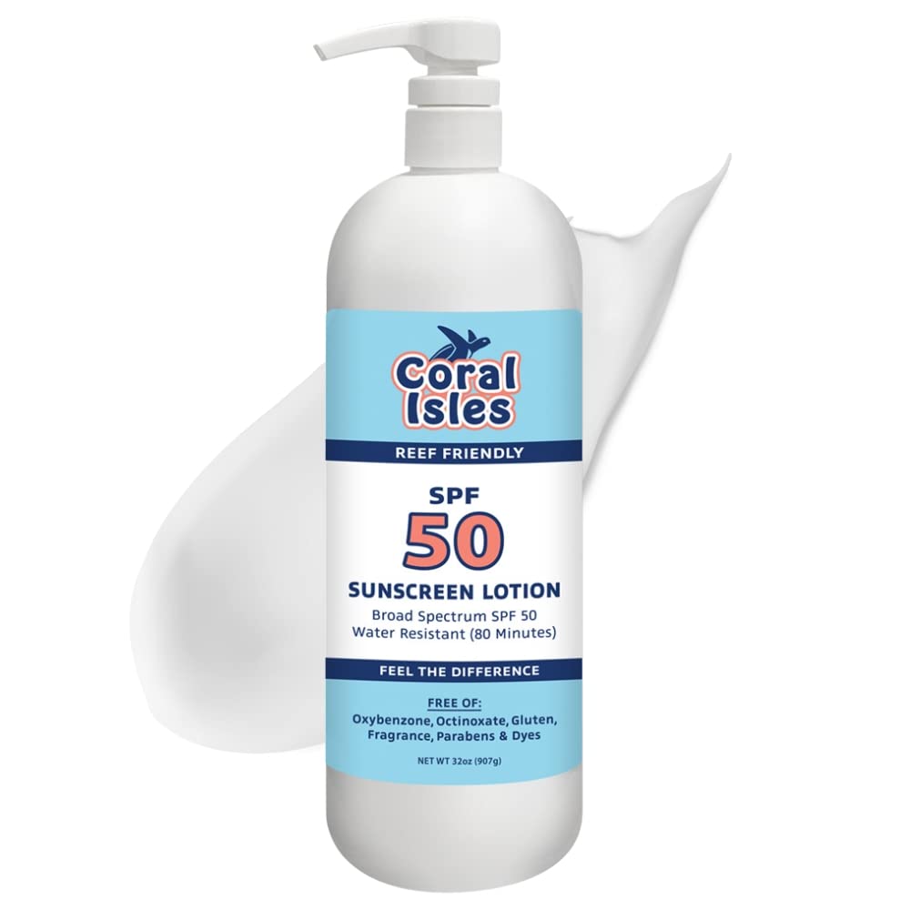 Coral Isles Sunscreen Spf 50 Lotion - Reef Safe, Waterproof, Fragrance Free, 32 Fl Oz