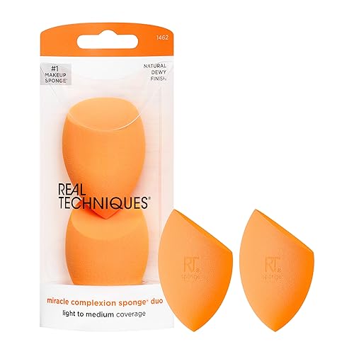 Real Techniques Miracle complexion Sponge Duo  Makeup Blending Sponge  For Foundation  Offers Light To Medium coverage  Natural 