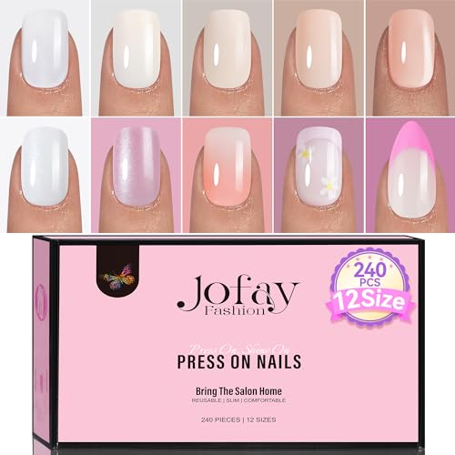 Jofay Fashion False Nails Tips - 240 PCS Solid Color Press-On Nails with 7ml Glue, Short Acrylic Set