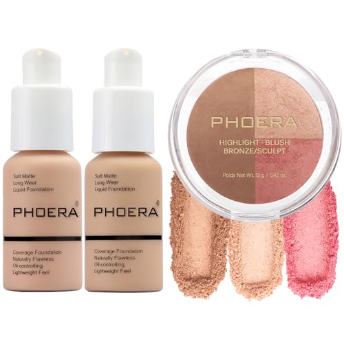 Phoera Foundation & Contour Palette - Highlighter, Bronzer & Blush, Long Lasting Matte Finish