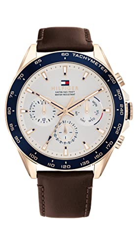 Tommy Hilfiger Men'S Carnation Gold Ionic Plated Leather Strap Watch, Brown, Model 1791966