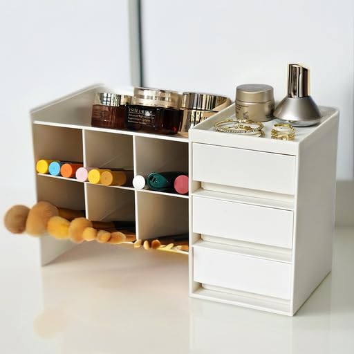 Tidyladyo White Makeup Organizer With Drawer - Perfect Vanity Storage For Cosmetics & Skin Care