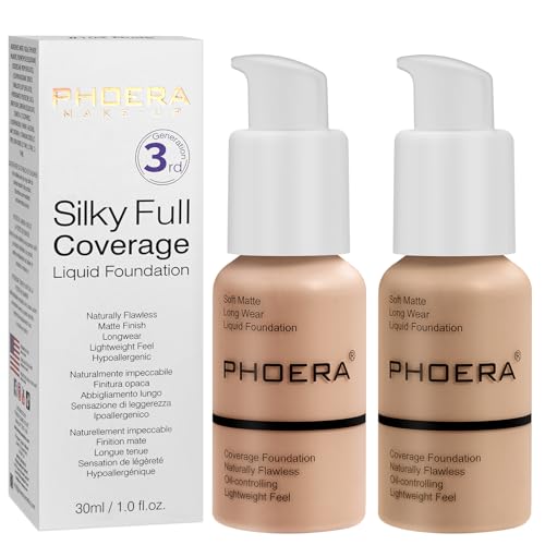 PHOERA Matte Liquid Foundation - Full Coverage Oil Control, 30ml, 2pcs Warm Peach & Buff Beige