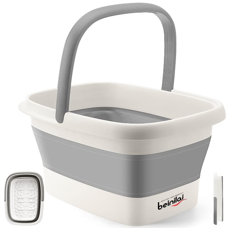 Beinilai Collapsible Foot Bath Basin - Grey Plastic Soak Tub With Handles & Massage Acupoint