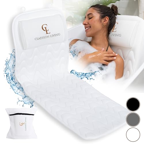 Claessonliving Full-Body Bath Pillow - Neck & Back Support Cushion With Hooks & Travel Bag, White