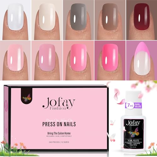 Jofay Fashion Press On Nails Set - Short Almond Nude Pink, 10 Pack, Glue & Nail File Included