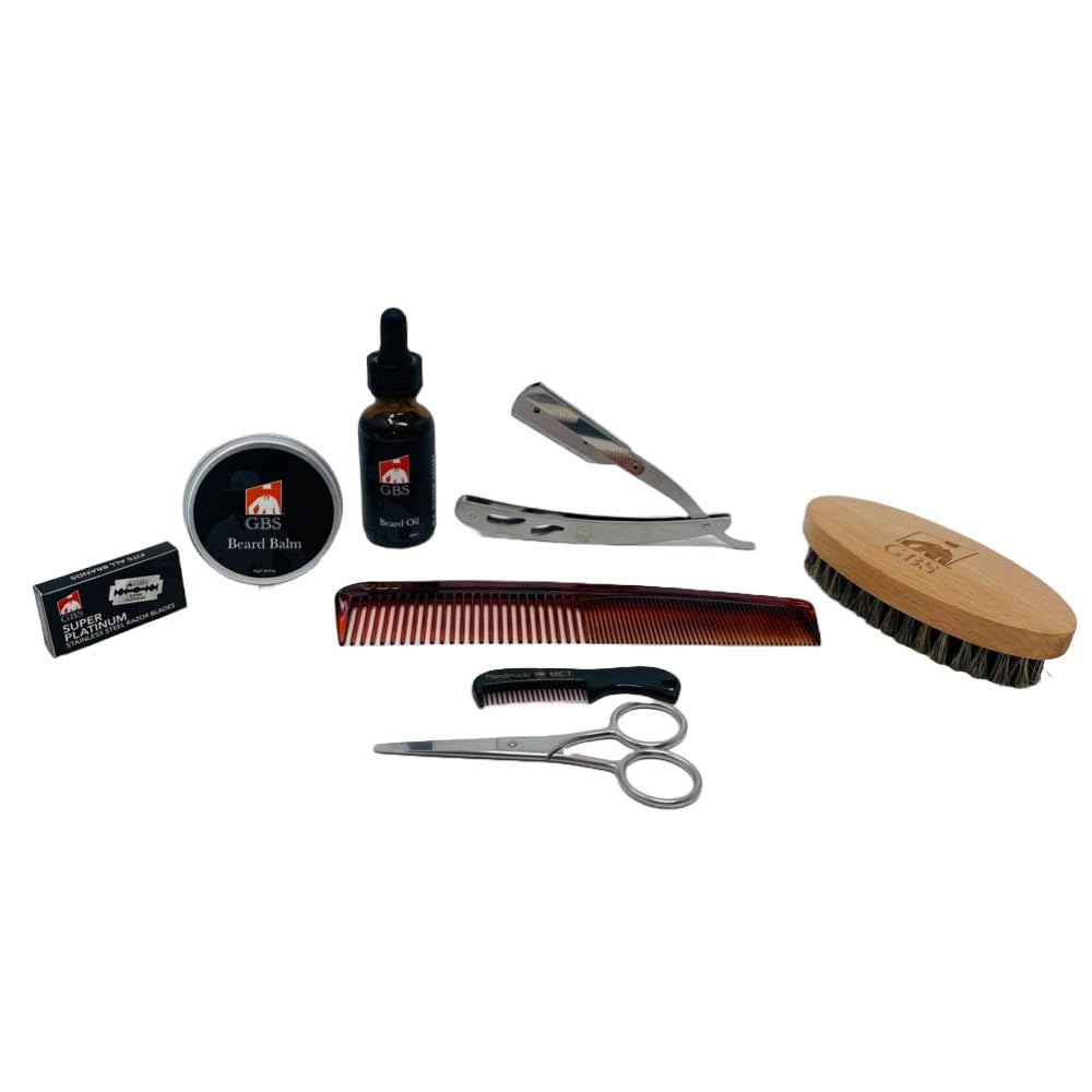 G.B.S Beard Grooming Set - Beard Oil, Balm, Brush, Comb, Razor, Scissors, 8-Piece Kit