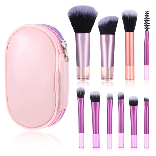 Yolev Travel Makeup Brush Set - 10 Mini Brushes For Eyeshadow, Lipstick, Foundation, Pink Purple Orange