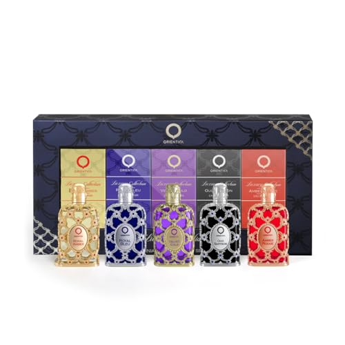 Orientica Luxury Collection 5 Piece Eau de Parfum Miniatures Set for Unisex - Amber, Bleu, Velvet, Saffron, Rouge, 0.25 Fl Oz