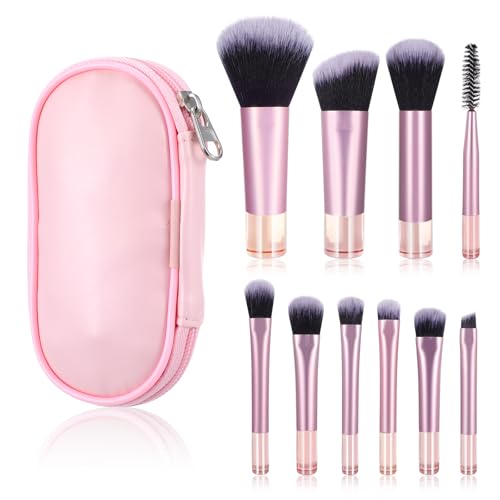 Yolev 10 Pcs Pink Travel Makeup Brush Set - Mini Eyeshadow, Lipstick, Foundation Brushes