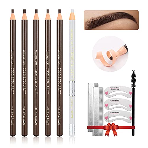 Lsxia Waterproof Eyebrow Pencil Set, 5 Dark Brown + 1 White Microblading Makeup Kit