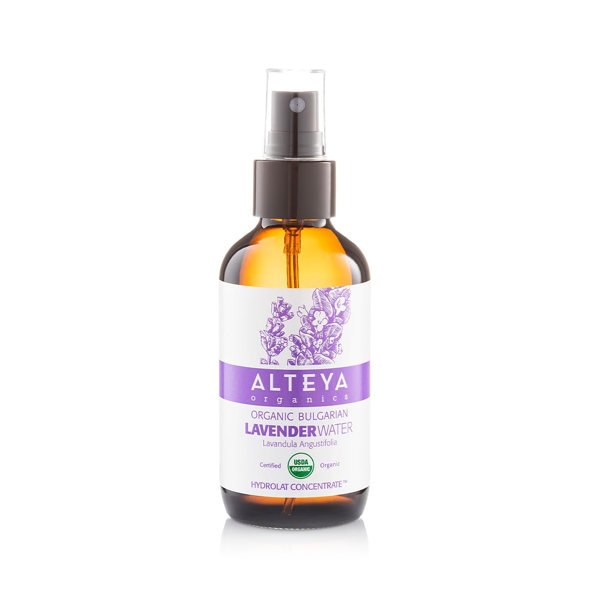 Alteya Organics Lavender Water Toner, Usda Organic, 4 Fl Oz, Pure Bulgarian, Amber Spray Bottle