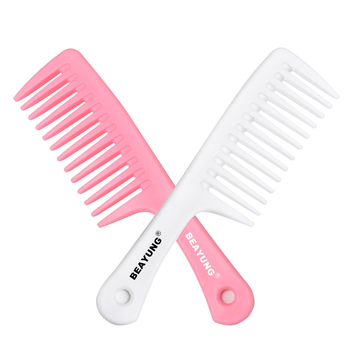 Beayung 2 Pcs Large Wide Tooth Comb Set - Detangling & Styling Brush For Curly Hair - Pink & White