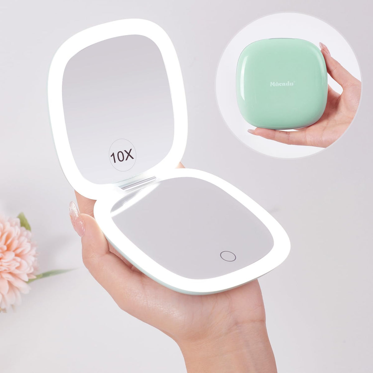 Mocado Compact LED Travel Makeup Mirror - 4&quot; 1X/10X Magnification, USB Rechargeable, Powdery Green