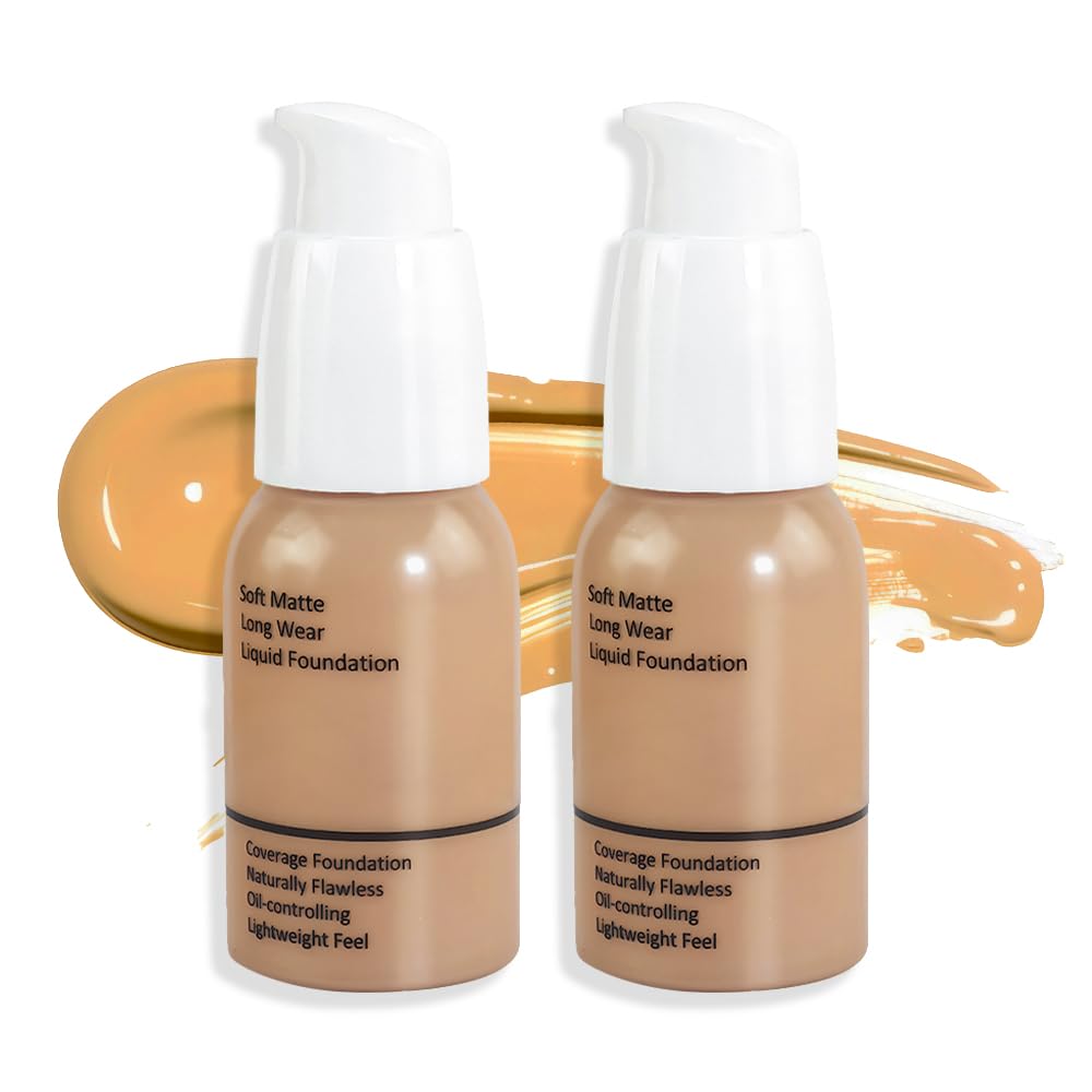 Feicuiyun 2Pcs Matte Liquid Foundation, 24Hr Full Coverage, Waterproof, Buff Beige 03+03