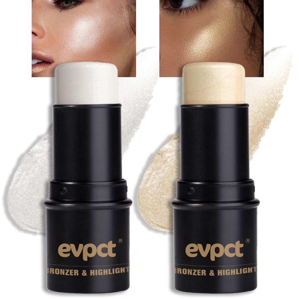 Evpct 2Pcs Highlighter Stick Set - Pearl White & Gold Glitter Contour Makeup, Long Lasting, 0.42