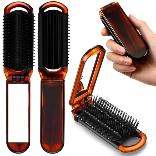 Nuenen Tortoiseshell Folding Hair Brush Set With Mirror - Portable Compact Comb For Travel & Gym