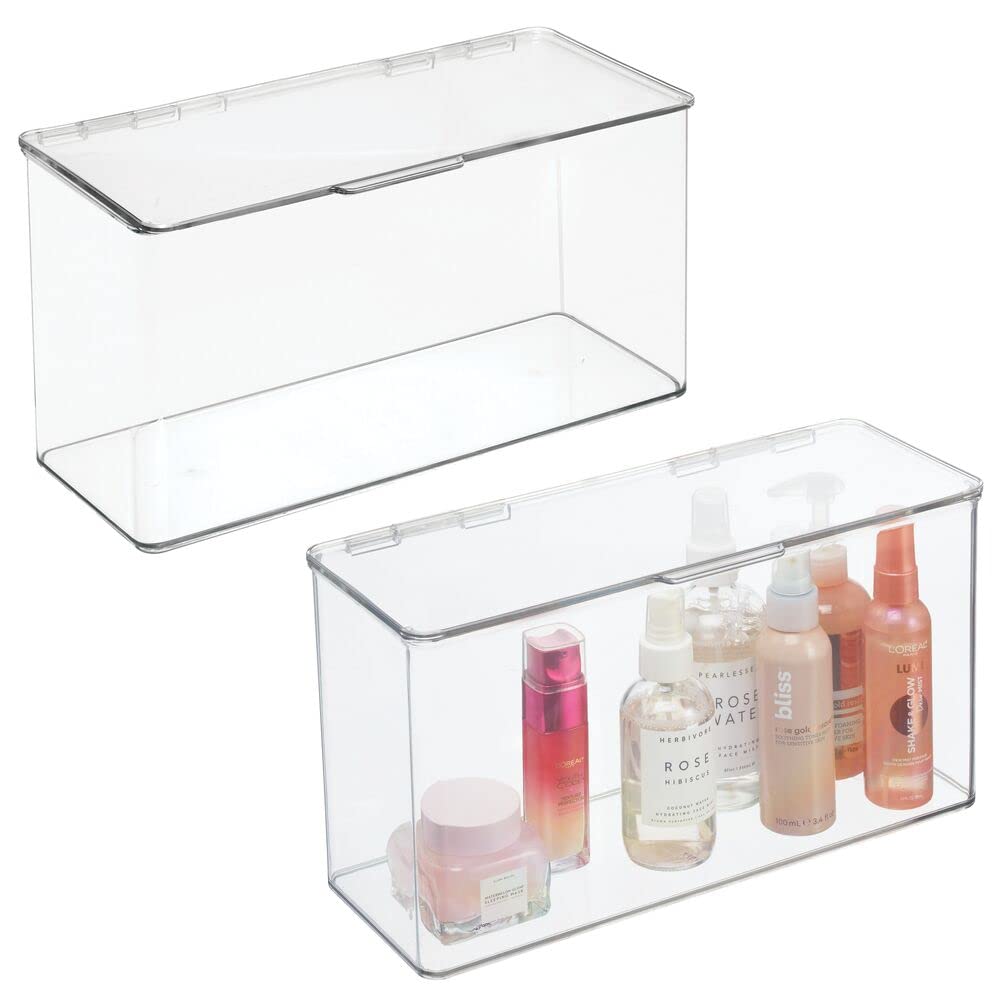 mDesign Clear Plastic Makeup Organizer Box with Hinged Lid - 2 Pack for Vanity Storage